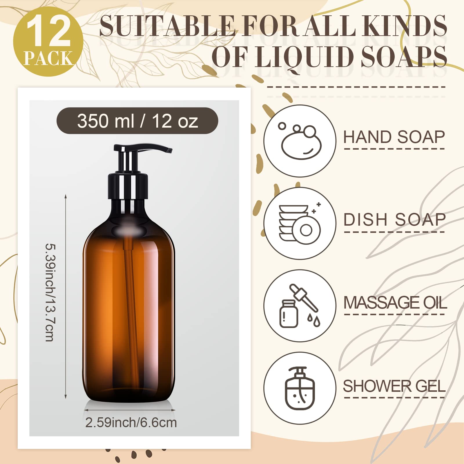 12 Pack Amber Soap Dispenser Empty Plastic Pump Bottles Dispenser Amber Refillable Shampoo Container For Hand Sanitizer Soap Cos